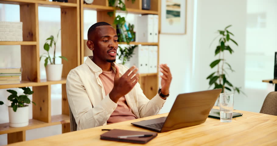 Black man, video call and talk with laptop at startup for eco friendly business with contact on web. Person, discussion and explain with pc for advice, info and guide at climate consulting agency