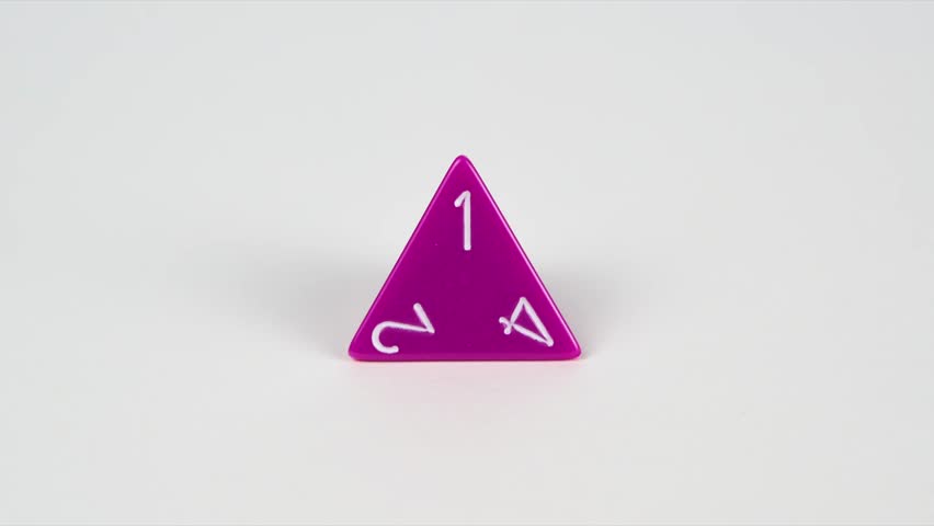 A video cycling through the numbers on a four sided polyhedral die that comes from a standard set of 7 dice used in rpg and fantasy games.
