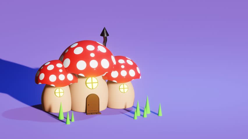A vertical 3D rendered panning animation of a small red mushroom house on purple background