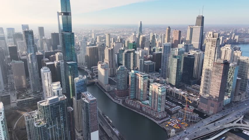 Chicago Skyline At Chicago In Illinois United States. Highrise Buildings Scene. Sunset City. Chicago Skyline At Illinois United States. Business District. Cityscape Aerial View.