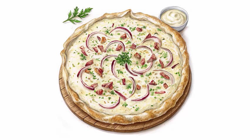 Flammkuchen. Pie with a crispy, golden crust, a layer of sour cream, onion slices, slices of smoked bacon. The edges of the pie are nicely browned, the center retains a delicate softness. 