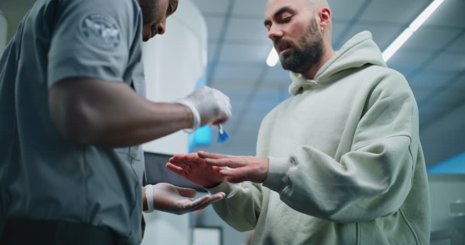 Airport Security Checkpoint: African American Security Officer Doing TSA Hand Swab Screening with Brush to Adult Man for Boarding Flight. ETD Method to Detect Traces of Explosive Materials. Close Up.