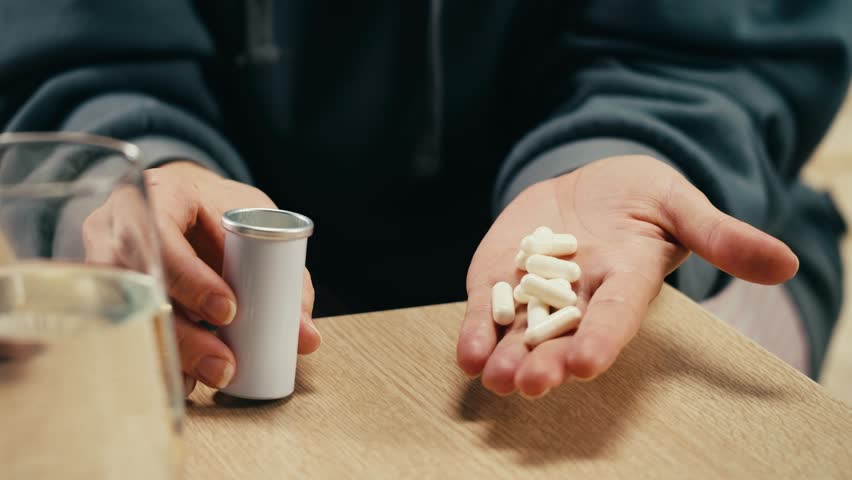 Pills and vitamins macro, Close up view of womans hands holding plenty of different drugs. Painkillers and antibiotics. Healthcare and medicine concept