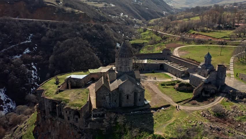 An aerial view of the ancient Tatev Monastery in Armenian mountains