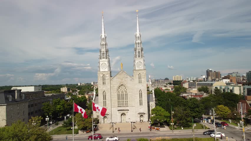 A drone view of the Notre Dame Cathedral Basilica in Ottawa