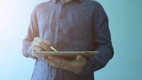 Beautiful Hologram Slow Motion Portrait Successful Businessman Working with Futuristic Technological Blue Hologram Analyzing Data. Business Concept. Businessman Series 4K UHD 4096x2160 3d animation. - Powered by Shutterstock - Get 15% off with code: PIKWIZARD15