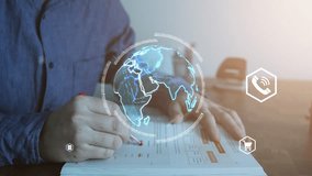 Animation of digital icons, globe and data processing over biracial businessman in office. Global finance, business, connections, computing and data processing concept digitally generated video. 4K. - Powered by Shutterstock - Get 15% off with code: PIKWIZARD15