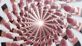 Loop 3d animated tunnel of rotating pink lipsticks creating a hypnotic visual effect. Perfect for beauty industry advertisements, fashion promotions, makeup tutorials and glamorous. 3D Illustration - Powered by Shutterstock - Get 15% off with code: PIKWIZARD15