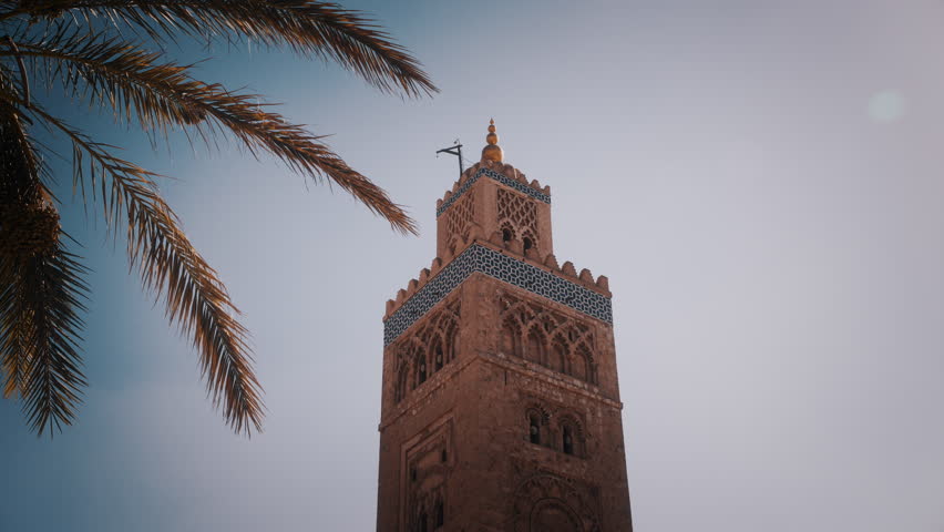 A low angle of the minaret tower of Koutoubia mosque in Marrakech, Morroco