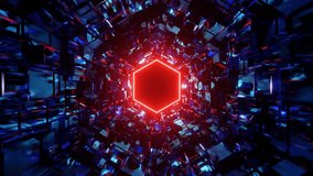 A 3D illustration of an infinite hexagonal shape tunnel with mirrored walls and glowing red neon lights - Powered by Shutterstock - Get 15% off with code: PIKWIZARD15