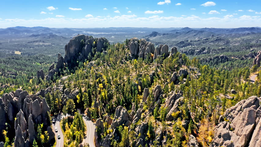Needles highway in the Black Hills mountains, Custer State Park, South Dakota with slow pull back camera motion
