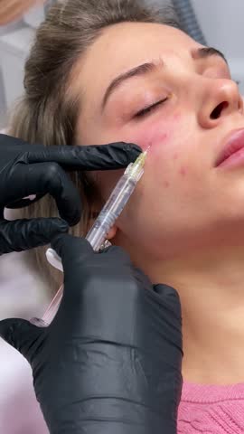 Mesotherapy, biorevitalization and Cosmetology concept. Face mesotherapy procedure in a beauty salon. Beautician doctor makes injections into face skin of woman.