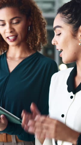 Business, women and talking on tablet in office of report planning, project advice and profit information. People, discussion and collaboration of finance feedback, investment proposal and accounting