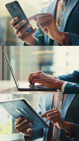 Business collage, hands and people with technology, phone and typing email on laptop in office. Closeup, corporate employee and working with tablet for internet research, scroll and online project
