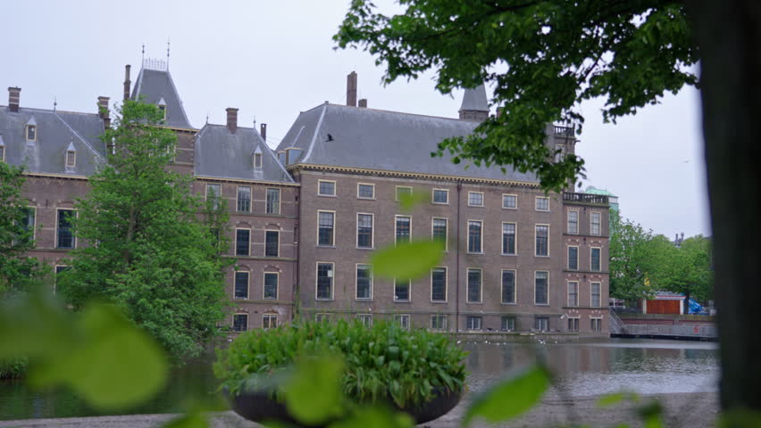 Government offices by Hofvijver lake with birds perched in trees in The Hague