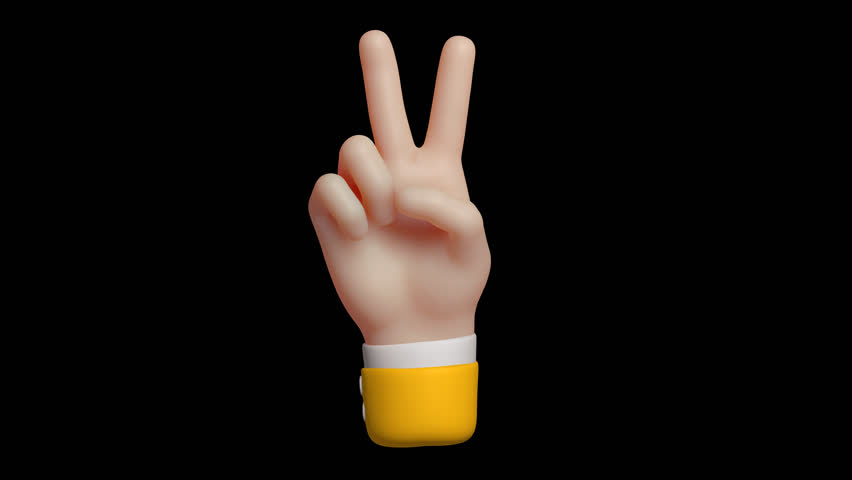 Seamless 4K loop of counting numbers two gesture in yellow sleeve. 3D emoji cartoon animation render with alpha transparent background.