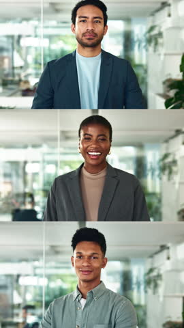Face, series and confident business people in office with arms folded for pride, diversity and inclusion. Portrait, collage or professional workers, happy employees or green marketing specialist team