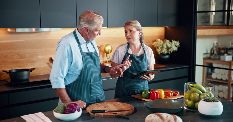 Learning, senior couple or cooking on tablet for recipe method, dinner tutorial or online guide in home. Streaming, instructions or elderly people for healthy ingredients, food or steps in meal prep