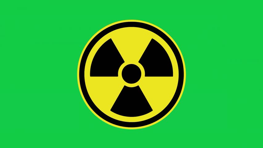 Round yallow and black stamp radiation warning sign on green screen background. Radiation icon. Radiation symbol. Radiation sign. 4k animation video.