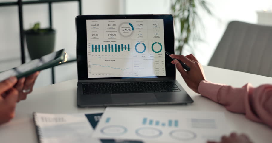 Dashboard, hands or people with charts or laptop for sales graphs and statistics in business. Numbers. finance or financial analysts with account screen for report, economy growth or paperwork review