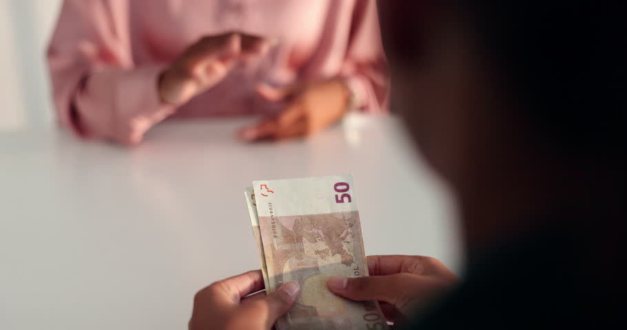 Office, money and hands of business people giving for payment, investment and exchange. Professional meeting, company banker and worker with cash for financial service, budget planning and funding