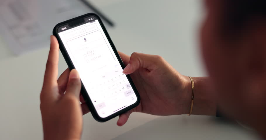 Closeup, person and hands with phone screen for online booking, information or date for work trip. Office, employee and typing with mobile for application, registration or available flight for travel