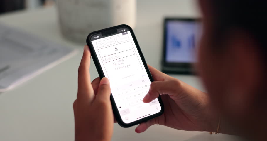 Travel, hands of woman and phone screen with app for flight booking, calendar and planning trip in office. Above, person and mobile display at desk for schedule, vacation and tour service app