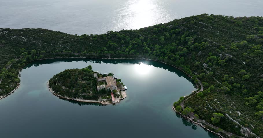 High Angle Aerial Orbit Around Saint Mary Monastery on Mljet Island