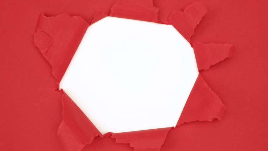 Red Paper sheet tearing from the center opening white background, screen transition. Stop motion animation.