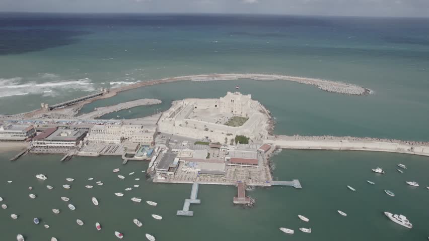 Aerial drone footage of the Mediterranean Corniche in Alexandria, Egypt.