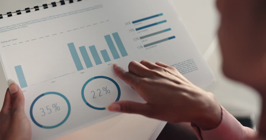 Reading, hands or person with graphs or documents for sales charts and statistics in office. Business. finance and financial analyst with portfolio for report, economy growth and paperwork review