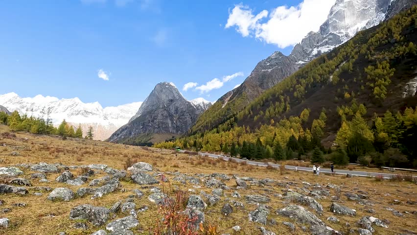 Landscape Nature Shuangqiao Gou Valley - Most Beautiful Valley with Snow Mountain in Mount Siguniang National Park in Xiaojin Sichuan China - Dolly in Footage Autumn Season Budala Peak 