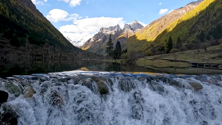 Landscape Shuangqiao Gou Valley - Dead Tree on the lake with Snow Mountain  in Mount Siguniang National Park in Xiaojin Sichuan Province China.Stable Footage Autumn Season.Longzhucuo Lake view Point