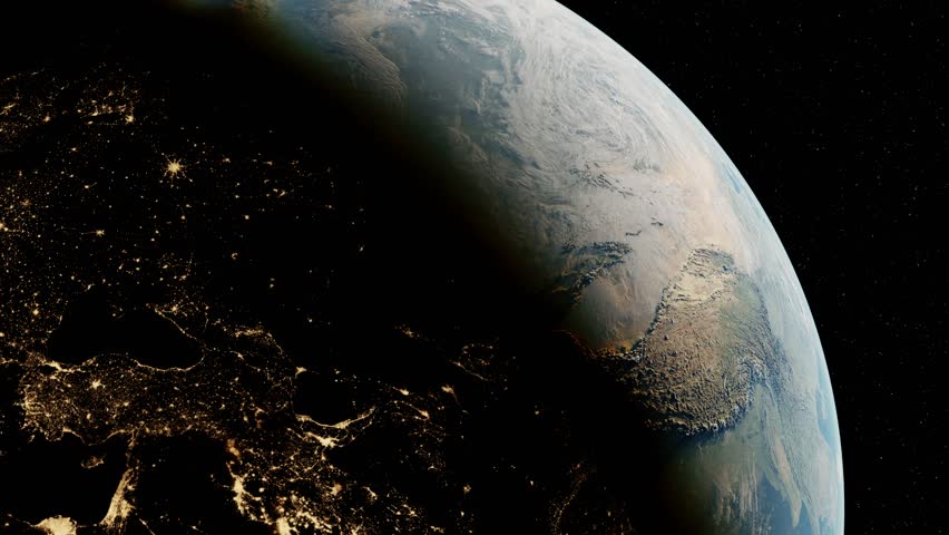 Sunrise Over the World Earth. New Day. Beautiful Very Realistic Planet Earth and Sun Rising View from Space NASA Data. 3d Animation. Night Cities. Modern 4K.