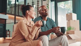 New home, happy and couple with coffee on sofa for property, moving day and house investment. Homeowner, real estate and man and woman with drinks planning for mortgage, purchase and rental apartment - Powered by Shutterstock - Get 15% off with code: PIKWIZARD15