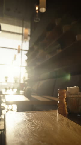 Warm sunlight streaming across empty restaurant table, highlighting salt shaker and napkins during peaceful sunrise moment