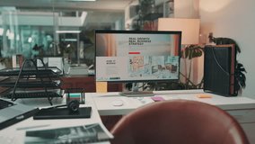 Empty, office and screen of computer in workspace for virtual assistance, customer service and business. Monitor, desk and work interior with headset, documents and technology at startup call center - Powered by Shutterstock - Get 15% off with code: PIKWIZARD15