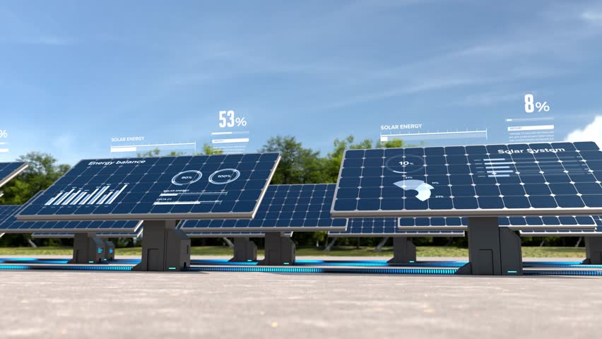 Solar panels produce electricity with digital display data, Green alternative energy concept.