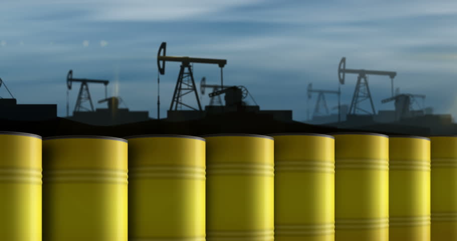 Yellow barrels in row seamless and loopable concept. Chemical nuclear waste industrial containers.