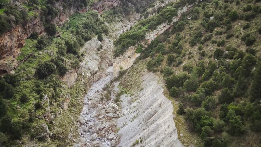 A drone footage of the scenic Velitsa Gorge near Tithorea village on a sunny day in Amfikleia-Elateia, Greece