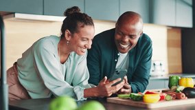 Laugh, man and woman with phone for cooking, funny tutorial and meal prep research for breakfast. Happy, smartphone and couple on mobile app together for online recipe, food and social media post - Powered by Shutterstock - Get 15% off with code: PIKWIZARD15