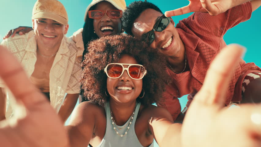 Beach, selfie and friends with vacation, face and bonding together with tropical island, diversity and memory. People, outdoor and seaside with group, holiday and profile picture with nature and Bali - Powered by Shutterstock - Get 15% off with code: PIKWIZARD15