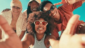 Beach, selfie and friends with vacation, face and bonding together with tropical island, diversity and memory. People, outdoor and seaside with group, holiday and profile picture with nature and Bali - Powered by Shutterstock - Get 15% off with code: PIKWIZARD15