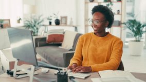Laptop, typing and black woman by desk in home with remote work for creative freelance project. Computer, research and African female journalist with online blog for content creation in apartment. - Powered by Shutterstock - Get 15% off with code: PIKWIZARD15