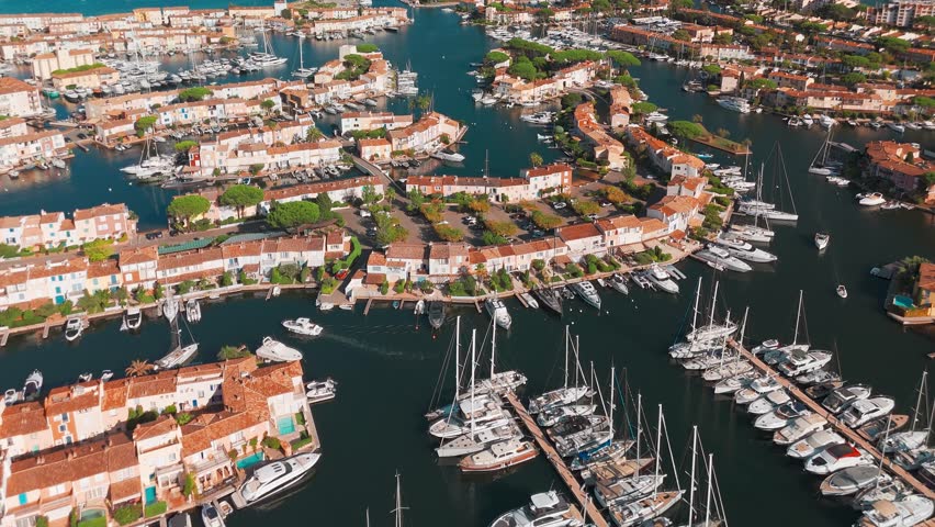 Aerial view of the Port Grimaud, Provence Alpes Cote d'Azur region in southeastern France. Beautiful marina in the French riviera. Colorful houses And boats in Port Grimaud