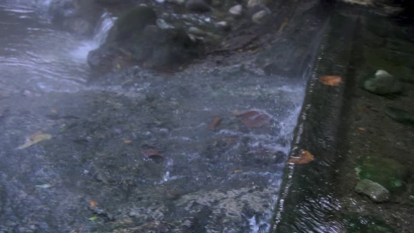 Slow Motion of River Flow in Tropical Hot Spring with Mini Waterfall and Lush Green Trees