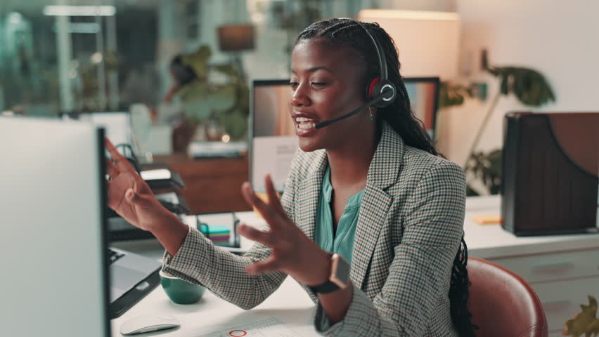 Woman, webinar and talking with headset in office for virtual meeting, online consultation and client query. Financial advisor, night and black person with policy advice, customer service or advisory
