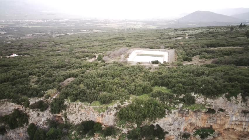 A drone footage of an artificial pond on the edge of Velitsa gorge in Amfikleia-Elateia, Phthiotis, Greece