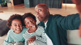 Selfie, face and dad with children on sofa for social media, profile picture and online post in home. Black family, portrait and father with kids take photo for bonding, fun and relax together - Powered by Shutterstock - Get 15% off with code: PIKWIZARD15