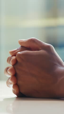 Thinking, person and hands with anxiety for closeup of depression, psychology fear and decision conflict. Stress, table and choice challenge of mental health, reflection and trauma with ptsd recovery